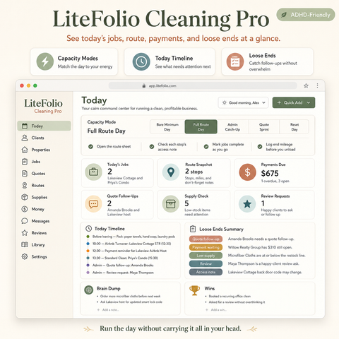 LiteFolio Cleaning Pro | ADHD-Friendly Cleaning Business CRM, Job Planner, Quote Tracker & Route Organizer