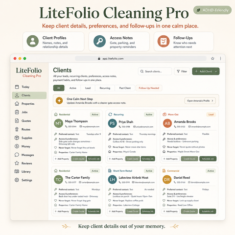 LiteFolio Cleaning Pro | ADHD-Friendly Cleaning Business CRM, Job Planner, Quote Tracker & Route Organizer