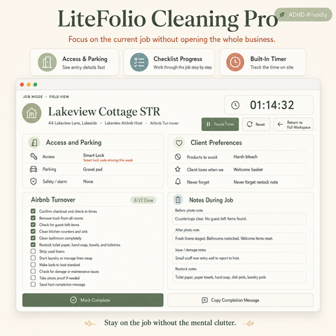 LiteFolio Cleaning Pro | ADHD-Friendly Cleaning Business CRM, Job Planner, Quote Tracker & Route Organizer