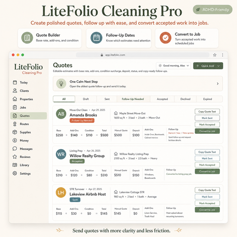 LiteFolio Cleaning Pro | ADHD-Friendly Cleaning Business CRM, Job Planner, Quote Tracker & Route Organizer