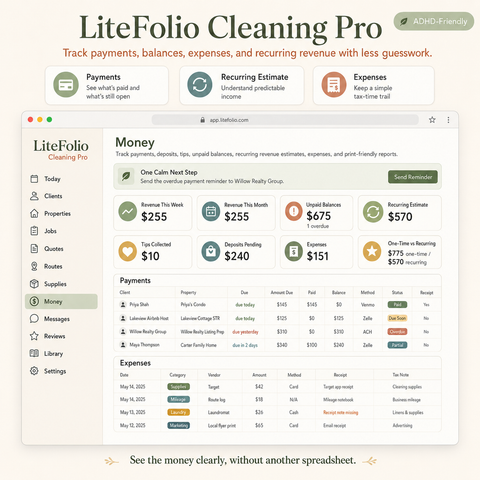 LiteFolio Cleaning Pro | ADHD-Friendly Cleaning Business CRM, Job Planner, Quote Tracker & Route Organizer