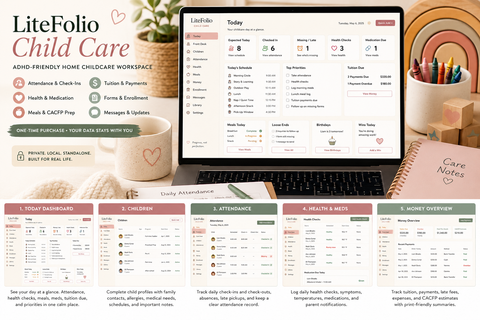 LiteFolio Child Care | ADHD-Friendly Home Daycare Planner, Attendance Tracker, Childcare CRM & Tuition Organizer