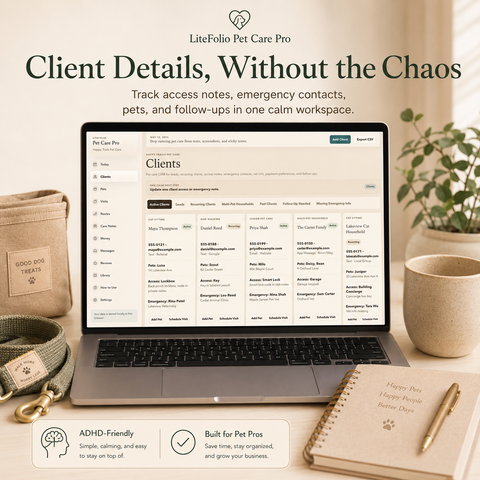 LiteFolio Pet Care Pro | ADHD-Friendly Pet Sitting Business Planner, Client CRM, Visit Tracker & Care Log