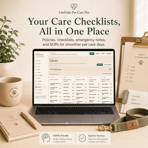 LiteFolio Pet Care Pro | ADHD-Friendly Pet Sitting Business Planner, Client CRM, Visit Tracker & Care Log