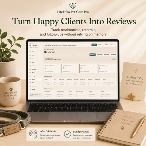 LiteFolio Pet Care Pro | ADHD-Friendly Pet Sitting Business Planner, Client CRM, Visit Tracker & Care Log