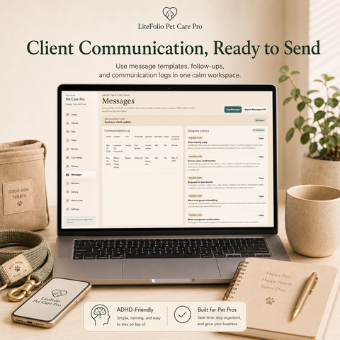 LiteFolio Pet Care Pro | ADHD-Friendly Pet Sitting Business Planner, Client CRM, Visit Tracker & Care Log