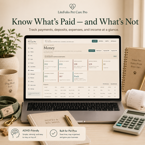 LiteFolio Pet Care Pro | ADHD-Friendly Pet Sitting Business Planner, Client CRM, Visit Tracker & Care Log