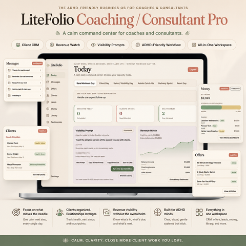 LiteFolio Coaching / Consultant Pro | ADHD-Friendly Client CRM, Revenue Tracker & Business Dashboard