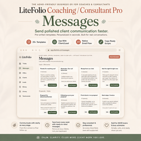 LiteFolio Coaching / Consultant Pro | ADHD-Friendly Client CRM, Revenue Tracker & Business Dashboard