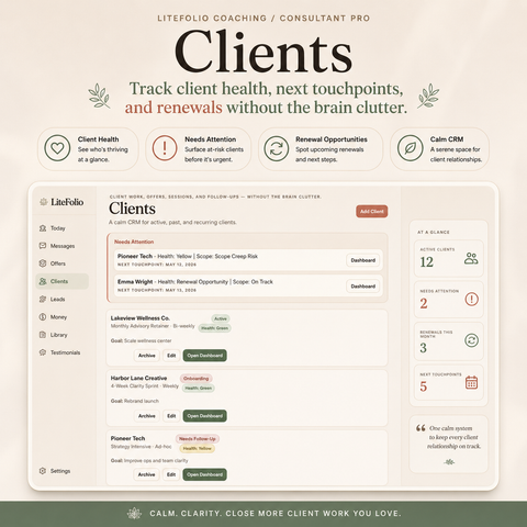 LiteFolio Coaching / Consultant Pro | ADHD-Friendly Client CRM, Revenue Tracker & Business Dashboard