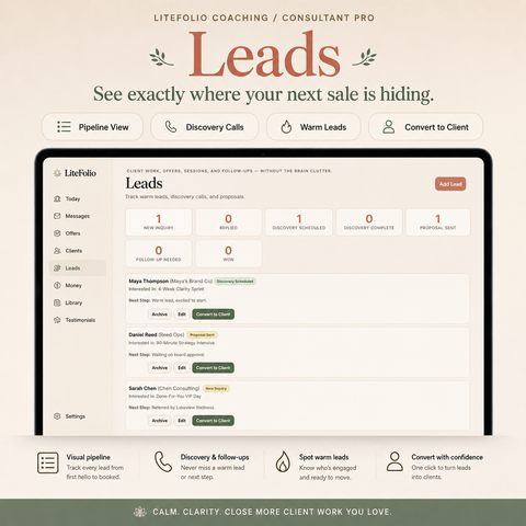LiteFolio Coaching / Consultant Pro | ADHD-Friendly Client CRM, Revenue Tracker & Business Dashboard
