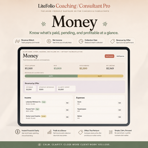 LiteFolio Coaching / Consultant Pro | ADHD-Friendly Client CRM, Revenue Tracker & Business Dashboard