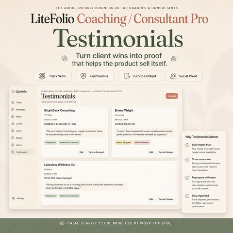 LiteFolio Coaching / Consultant Pro | ADHD-Friendly Client CRM, Revenue Tracker & Business Dashboard