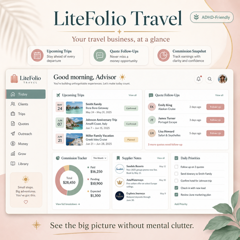 LiteFolio Travel CRM for Travel Advisors | ADHD-Friendly Client, Trip, Quote & Commission Planner
