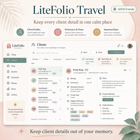LiteFolio Travel CRM for Travel Advisors | ADHD-Friendly Client, Trip, Quote & Commission Planner