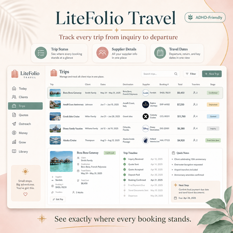LiteFolio Travel CRM for Travel Advisors | ADHD-Friendly Client, Trip, Quote & Commission Planner