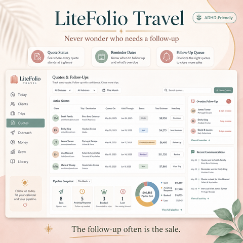LiteFolio Travel CRM for Travel Advisors | ADHD-Friendly Client, Trip, Quote & Commission Planner