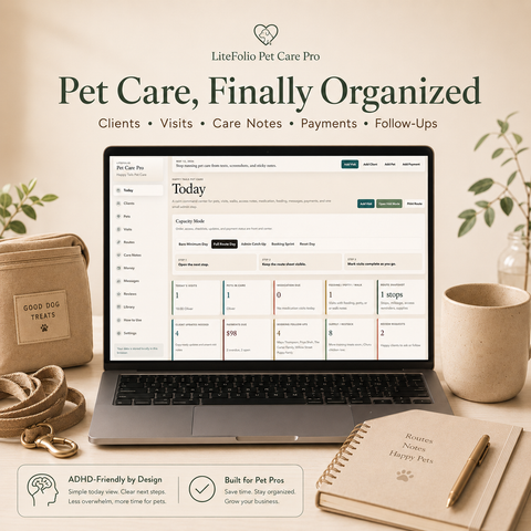 LiteFolio Pet Care Pro | ADHD-Friendly Pet Sitting Business Planner, Client CRM, Visit Tracker & Care Log