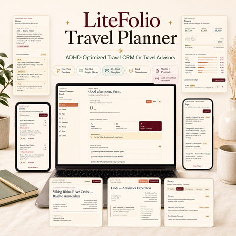 LiteFolio Travel CRM for Travel Advisors | ADHD-Friendly Client, Trip, Quote & Commission Planner